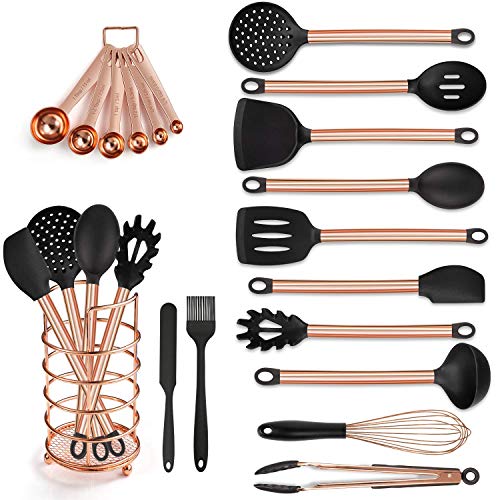 MIBOTE 19pcs Silicone Cooking Kitchen Utensils Set with Stainless Steel Handle and Holder, Bonus High Value Stainless Steel Measuring Spoons