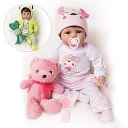 Yesteria Lifelike Reborn Baby Dolls Girl 2 Outfits Silicone Vinyl Cotton Body 22 Inches Pink Outfit with Toy Teddy Bear