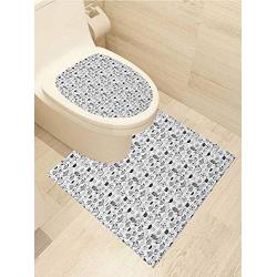 AuraiseHome Tea Party Bathroom Toilet seat Sticker Decal Floral Patterned Cups with Different Designs Monochrome Timeless Kitchenware Seat Sticker Decor 2-Piece Set Black White