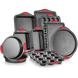 Perlli 10-Piece Nonstick Carbon Steel Bakeware Set With Red Silicone Handles | |Metal, Reusable, Quality Kitchenware For Cooking & Baking Cake Loaf, Muffins &More | Non Stick Kitchen Supplies