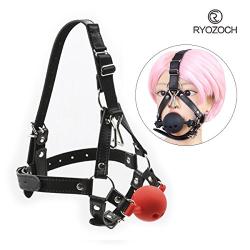 RYOZOCH Silicone Gag with Head Slave Harness Nose Hook Flirting Mouth Gags Sex Toys for Couple Adult Games Unisex Sex Products (Red+Black, 1.5in Ball)