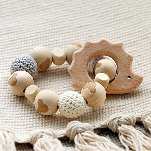 Baby Love Home Hedgehog Wooden Teether Baby Gym Rattle Teether Natural Raw Crochet Beads Toy Baby Teething Ring Chew Toy Baby Teething Bracelet Crochet Beads Bracelet