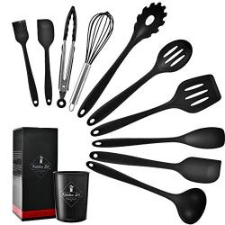 YWT Non Stick Silicone Kitchen Utensils Set of 11 with Storage Bucket - Silicone Kitchenware Set Cooking Shovel Spoon Tool Black Suitable for Cooking and Baking