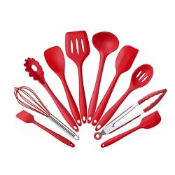 Mokpi 10 Piece Silicone Kitchen Utensils Set Heat Resistant Non-Stick Cooking Tools Professional Kitchenware (Red)