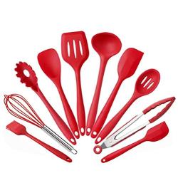 Cooking Tool Set Heat Resistant Silicone Kitchenware, Non-Stick Kitchen Baking Tools 10 Sets + 10 S Hooks - Black,Red