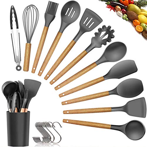 MCGMXG 11 PCS Kitchen Utensils Set Silicone with Holder Spoon Turner Tongs Spatula Cooking Utensil Tools Sets Wood Cookware Kitchenware Best Kitchen Gadgets for Gift