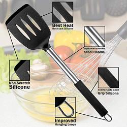 Kitchen Utensils Set 14 pcs Silicone Cooking Kitchen Utensils Set with Heat Resistant BPA-Free Silicone and Stainless Steel Handle Turner Spatula Spoon Tongs Whisk Cookware Kitchen Tools Set - Black