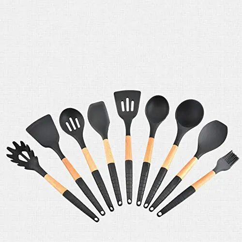 SKYyao Kitchen utensil set Wooden Handle Silicone Kitchenware 9-piece set non-stick spatula spoon set silicone