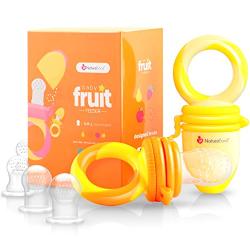 NatureBond Baby Food Feeder/Fruit Feeder Pacifier (2 Pack) - Infant Teething Toy Teether in Appetite Stimulating Colors | Bonus Includes All Sizes Silicone Sacs (Sunshine Orange and Lemonade Yellow)