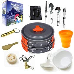 Camping Cookware Mess Kit Backpacking Gear & Hiking Outdoors Bug Out Bag Cooking Equipment 18 Piece Cookset | Lightweight, Compact, Durable Pot Pan Bowls - Free Folding Spork