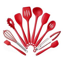 HKJCC Silicone Kitchenware 10 Piece Non-Stick Cookware Set Kitchen Tools Baking Tools (Red 10 Piece Set),Red