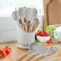 KINFAYV Silicone Cooking Utensil Kitchen Utensil Set,16 PCS Acacia Wooden Cooking Tool Spoons Spatula Turner Tongs Measuring Spoon Nonstick Nontoxic BPA Free Heat Resistant Kitchen Tools (Light Grey)