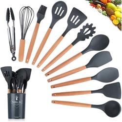 Kitchen Set, 11 silicone kitchenware set of natural wooden handle BPA kitchen cooking utensils spatula jaw Turner