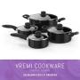 Vremi 15 Piece Nonstick Cookware Set - Durable Aluminum Pots and Pans with Cooking Utensils - Oven Safe Multi Quart Enameled Saucepans Dutch Ovens and Fry Pans with Glass Lid - Black