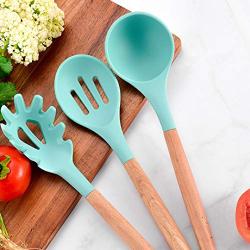 Hjyi Silicone Kitchen Spoon Shovel kit Wooden handle silicone kitchenware 9 piece set with kitchenware bucket non-stick pot cooking Spoon
