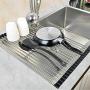veveshop Over the Sink Multipurpose Roll-Up Dish Drying Rack Pan Bottle Food Drainer Mat for air-drying washed tableware glassware cookware bakeware and kitchenware Stainless Steel Silicone 18.50x11.4