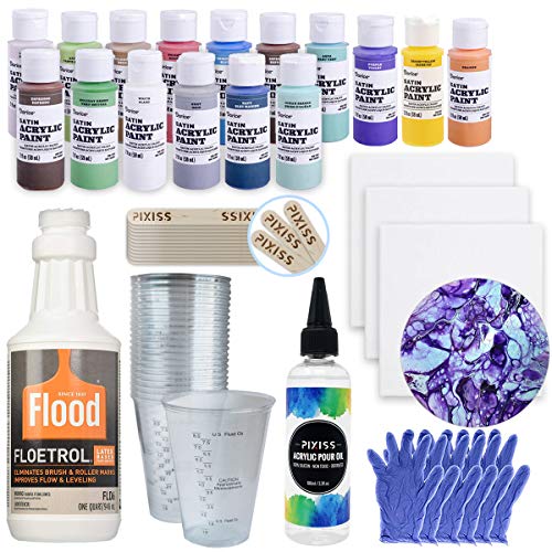 Acrylic Paint Pouring Bundle - Floetrol, Cups, 16x 2-Ounce Acrylic Paints, 3X 6-inch Canvases, Pixiss Acrylic Pouring Oil, Mixing Sticks, Gloves, Complete Kit for Paint Pouring