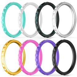 ThunderFit Thin and Stackable Silicone Rings, 8 Rings / 4 Rings / 1 Ring - Silicone Wedding Bands for Women - Diamond Pattern