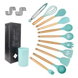 Silicone kitchenware 11 Pieces Silicone Cooking Utensils Kitchen Utensil Set Wooden Handles Cooking Tools For Nonstick Cookware Includes Tongs Spoon Whisk And More Nonstick Heat Resistant Tools