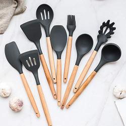 9 style silicone kitchenware non-stick set spoon shovel with wooden handle home