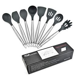 Set Of Eight Sets of Silicone Kitchenware - Heat-Resistant Silicone Spoon and Scraper - Seamless Design - Non-Stick Cooking Spoon Shovel, Stainless Steel Core, 8-piece set