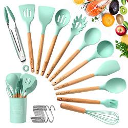 Silicone Cooking Utensils Kitchen Utensil Set,TATUFY 12 Pieces Natural Wooden Handles Cooking Tools Turner Tongs Spatula Spoon for Nonstick Cookware - Best Kitchen Tools