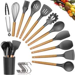 Silicone Cooking Utensils Kitchen Utensil Set - 11 Pieces Natural Wooden Handles Cooking Tools Turner Tongs Spatula Spoon for Nonstick Cookware - Best Kitchen Tools (BPA Free, Non Toxic)