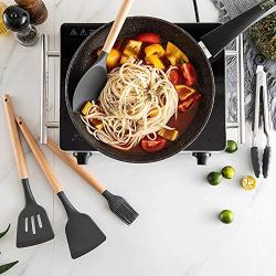 Silicone kitchenware Silicone Cooking Utensils Kitchen Utensil Set 11 Pieces Wooden Handles Cooking Tools For Nonstick Cookware Nonstick Heat Resistant Tools ( Color : Black , Size : 11 Piece Set )