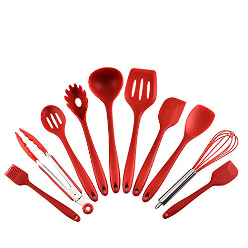 JunbosiKitchenware Silicone Kitchen 10 Pieces Nonstick Cookware Silicone Kitchenware Set Shovel Spoon Kitchenware Set,Red