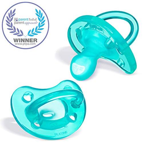 Chicco PhysioForma 100% Soft Silicone One Piece Pacifier for Babies 0-6 Months, Teal, Orthodontic Nipple, BPA-Free, 2-Count in Sterilizing Case