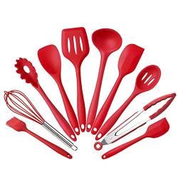 New Design Kitchenware Silicone Heat Resistant Kitchen Cooking Utensils Non Stick Baking Tool Cooking Tool Sets Cookware Set,Red 10PCS