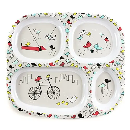 Bumkins Divided Plate, Melamine Tray Plate, Toddler, Kids, BPA Free, Stackable, Dishwasher Safe ? Gray Bird Park