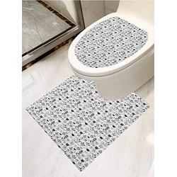 AuraiseHome Tea Party Bathroom Toilet seat Sticker Decal Floral Patterned Cups with Different Designs Monochrome Timeless Kitchenware Seat Sticker Decor 2-Piece Set Black White