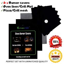 Stove Burner Covers 6 PCs + Oven liner (Grill Mat) + Grill Mesh Mat by KitchenA2Z | Non-stick Premium Heavy Duty |Triple thickness 0.3mm|Reusable|Dishwasher safe|Size adjustable|BPA FREE|FDA approved