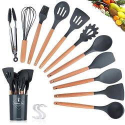 Kitchenware Set, 11 Pieces of Silicone Cookware Set, Wooden Handle Spatula Set, Non-Stick Pan and Heat-Resistant Cookware Set, Kitchenware