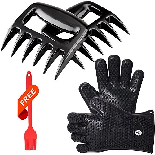 AOTOSOLO Kitchen & BBQ Tool Set, 1 Set Pulled Pork Claws + Heat Resistant Silicone Gloves +1 Silicone Basting Brush, Use as BBQ Meat Turner or Oven Mitts, Heat Resistant Grilling Accessories (Black)