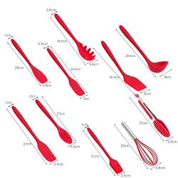 Silicone Kitchenware Set 10 Piece Set Silicone Scraper Brush Food Clip Cooking Shovel Spoon Kitchen utensils Spoon (Color : Red)