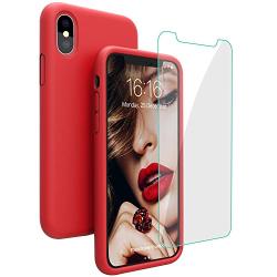 JASBON Case for iPhone X iPhone Xs Case, Liquid Silicone Case with Free Screen Protector Gel Rubber Shockproof Cover Full Protective Case for Apple iPhone Xs/X-Red