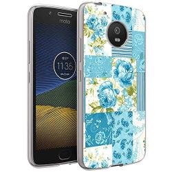 Moto G5 Case, Soft TPU Slim-Fit Flexible Ultra-Thin Clear Case, Full-Body Rugged Bumper Print Blue Flower Case for Moto G5, Transparent