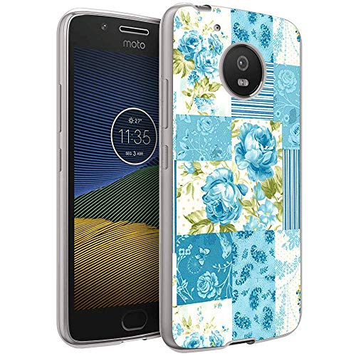 Moto G5 Case, Soft TPU Slim-Fit Flexible Ultra-Thin Clear Case, Full-Body Rugged Bumper Print Blue Flower Case for Moto G5, Transparent