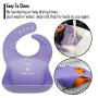 LOPE & NG Silicone Feeding Bib (Purple/Orange) - Adjustable Snaps Soft Baby Bibs for Infants and Toddlers with Food Catcher Pocket Set of 2