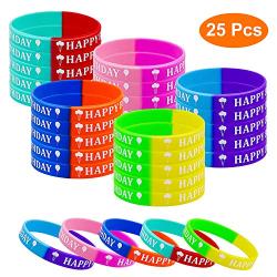 SelfTek 25 Pack Happy Birthday Silicone Wristband for Kids Corlorful Rubber Bracelets Stretchable Teenagers Party Rubber Bands Gift Favors Game Fashion Decorations Toys, 5 Styles