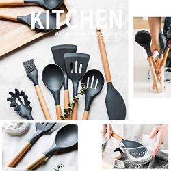 Silicone Kitchenware Set, 11 Pieces of Wooden Handle Cooking Tools, BPA-Free Silicone Spatula Spoon, Kitchen Utensils, Non-Stick Cookware Cutlery Set