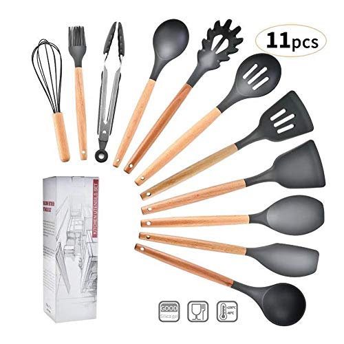 Kitchen Utensil Sets - 11 Pieces Cooking Utensils Set Silicone Spatula Set, Safe Food Grade Silicone with Premium Wood Handles, Non-Stick Heat Resistant Silicone Kitchenware