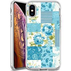 iPhone Xs Max Case, Soft TPU Slim-Fit Flexible Ultra-Thin Clear Case, Full-Body Rugged Bumper Print Blue Flower Case for iPhone Xs Max, Transparent