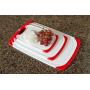 CC Boards 3-Piece Nonslip Cutting Board Set: Red and white plastic kitchen carving boards, each with juice groove and nonskid handle; dishwasher safe