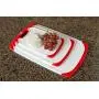 CC Boards 3-Piece Nonslip Cutting Board Set: Red and white plastic kitchen carving boards, each with juice groove and nonskid handle; dishwasher safe