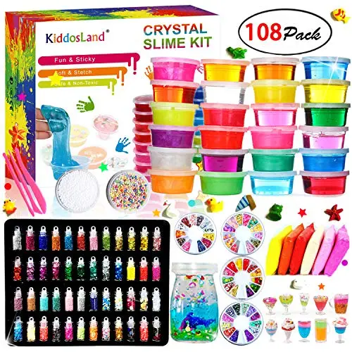 DIY Crystal Slime Kit ? Slime kits for Girls Boys Toys with 48 Glitter Powder,Clear Slime Supplies for Kids Art Craft,Includes Air Dry Clay, Fruit Slice and Tools,Squeeze Stress Relief Toy (24 Colors)