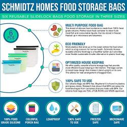 Schmidtz Homes Silicone Food Storage Bag (6) Reusable Slidelock Bags (3 Sizes) Eco-Friendly Leakproof Freezer and Microwave Safe BPA free FDA LFGB ROHS and MSDS Approved Safe Food Container