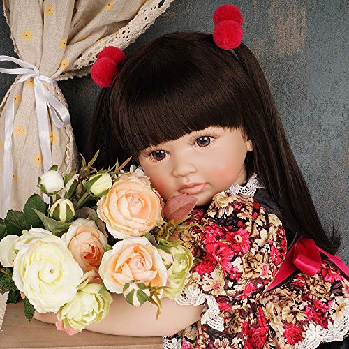 Realistic Reborn Baby Doll Silicone Vinyl Toddler Girl Back Long Hair Red and Black Princess Dress 24 Inches